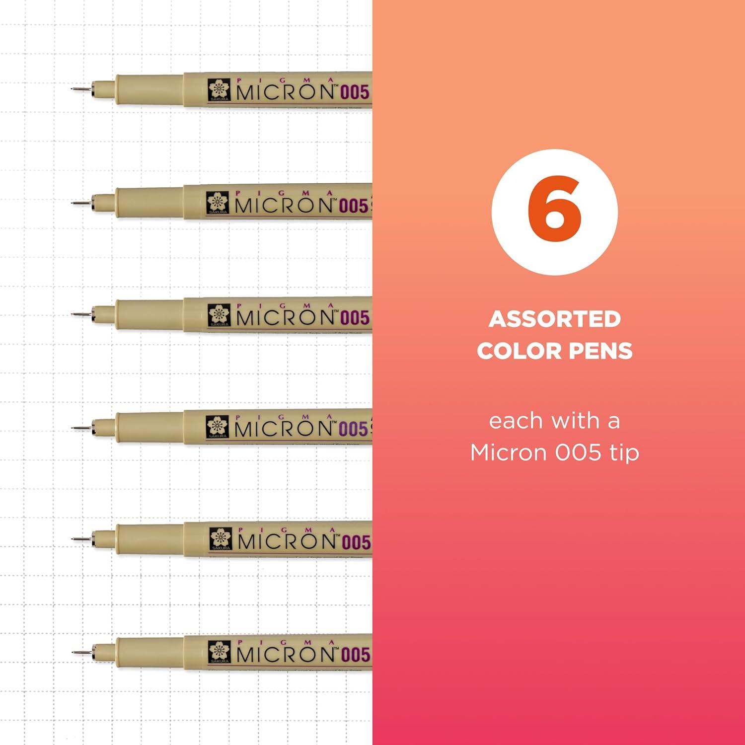 SAKURA Pigma Micron Fineliner Pens, 03 Tip Size, Archival Ass’t Colors, 6 PK 50049(005 Tip)