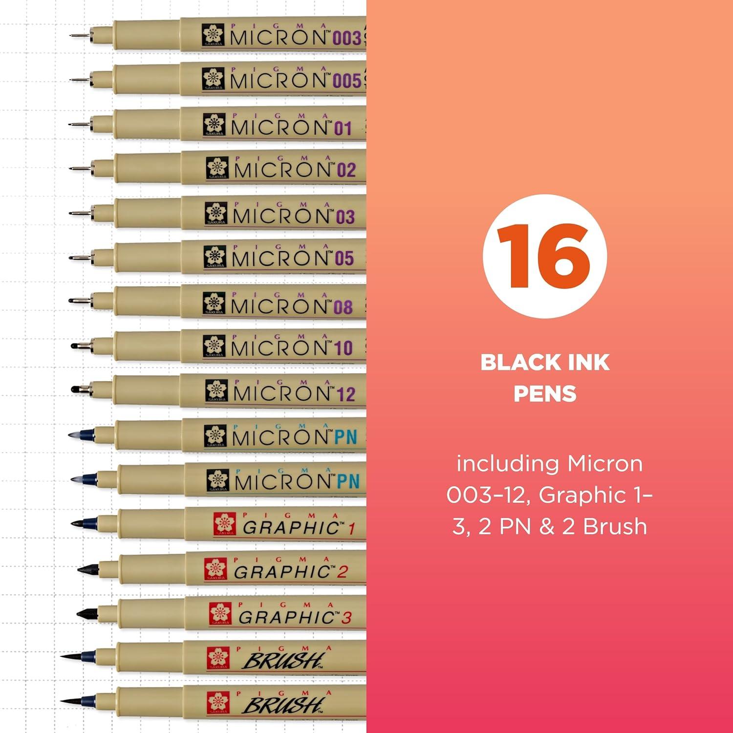 SAKURA Pigma Micron Fineline Ass’t Point Sizes, Archival All Black Ink, 16 PK 50077