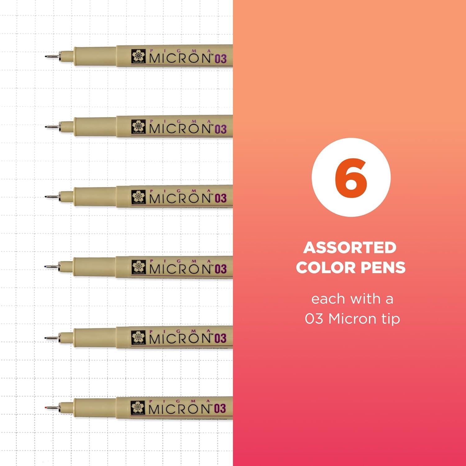 SAKURA Pigma Micron Fineliner Pens, 03 Tip Size, Archival Ass’t Colors, 6 PK 50049(03 Tip)