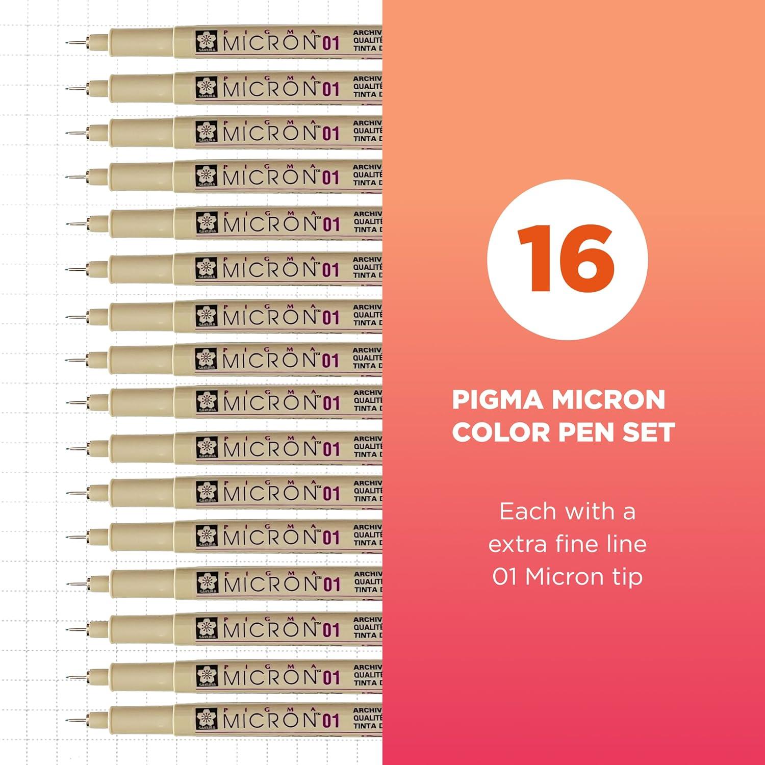 SAKURA Pigma Micron Fineliner Pens – Archival Colored Ink Pens – For Writing, Drawing, or Journaling – Colored Ink – 01 Point Size – 16 Pack