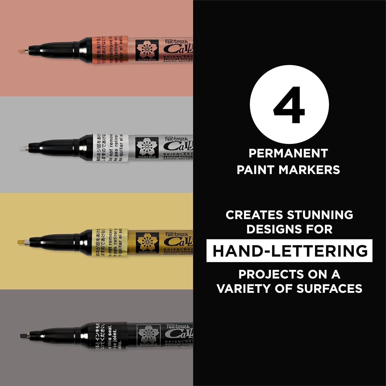 SAKURA 47391 4-Piece Fine Pentouch Calligrapher Paint Marker, 1.8mm, Gold, Silver, Copper and Black(1 Count (Pack of 4))