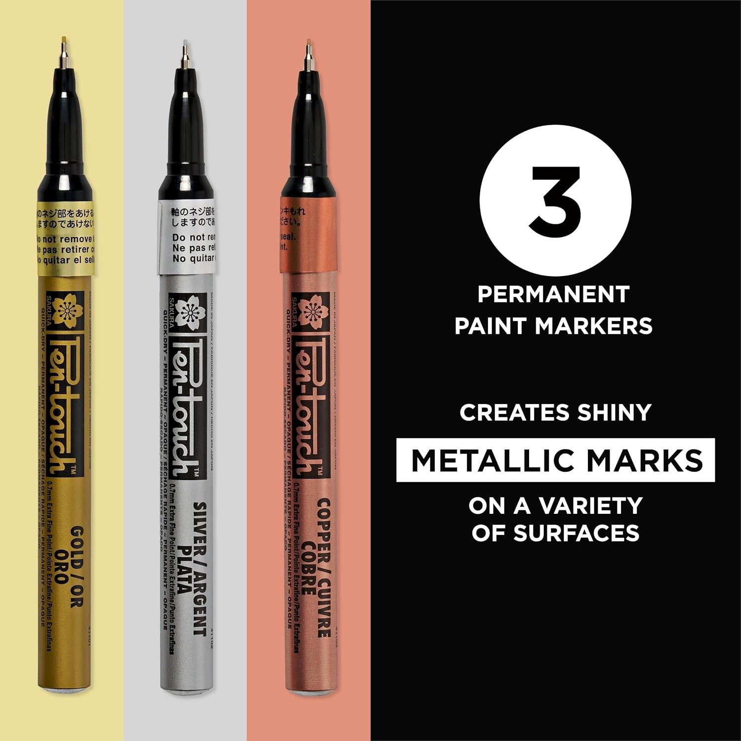 SAKURA 42191 3-Piece Extra Fine Pentouch Paint Marker, 0.7mm, Gold, Silver and Copper(1 Count (Pack of 3))