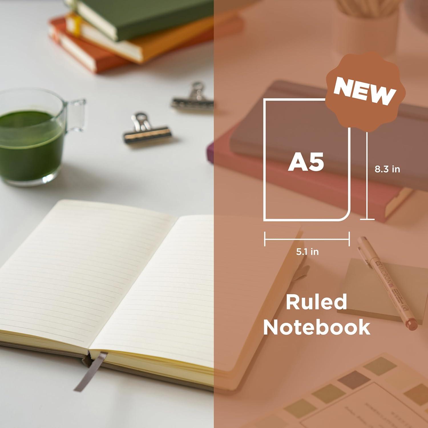 Sakura Notebook Ruled A5 – Japanese-Inspired Lined Notebook for Effortless Writing – 140 GSM Paper – Hardcover – Built-in Pen Holder – Expandable Inner Pocket – Flat-Lay – 5.1 x 8.3″ – Mulberry(Pine Needle)