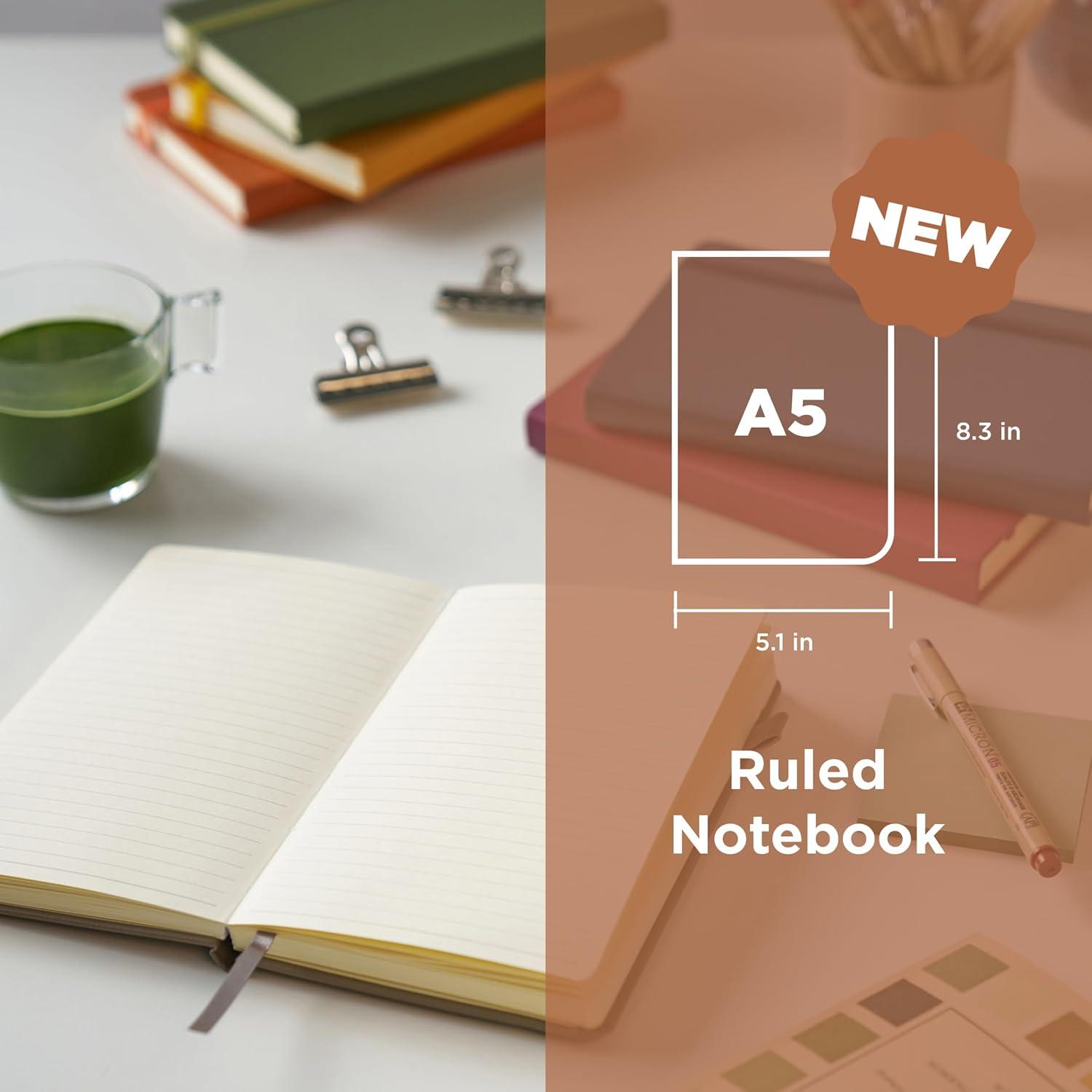 Sakura Notebook Ruled A5 – Japanese-Inspired Lined Notebook for Effortless Writing – 140 GSM Paper – Hardcover – Built-in Pen Holder – Expandable Inner Pocket – Flat-Lay – 5.1 x 8.3″ – Mulberry(Amber)