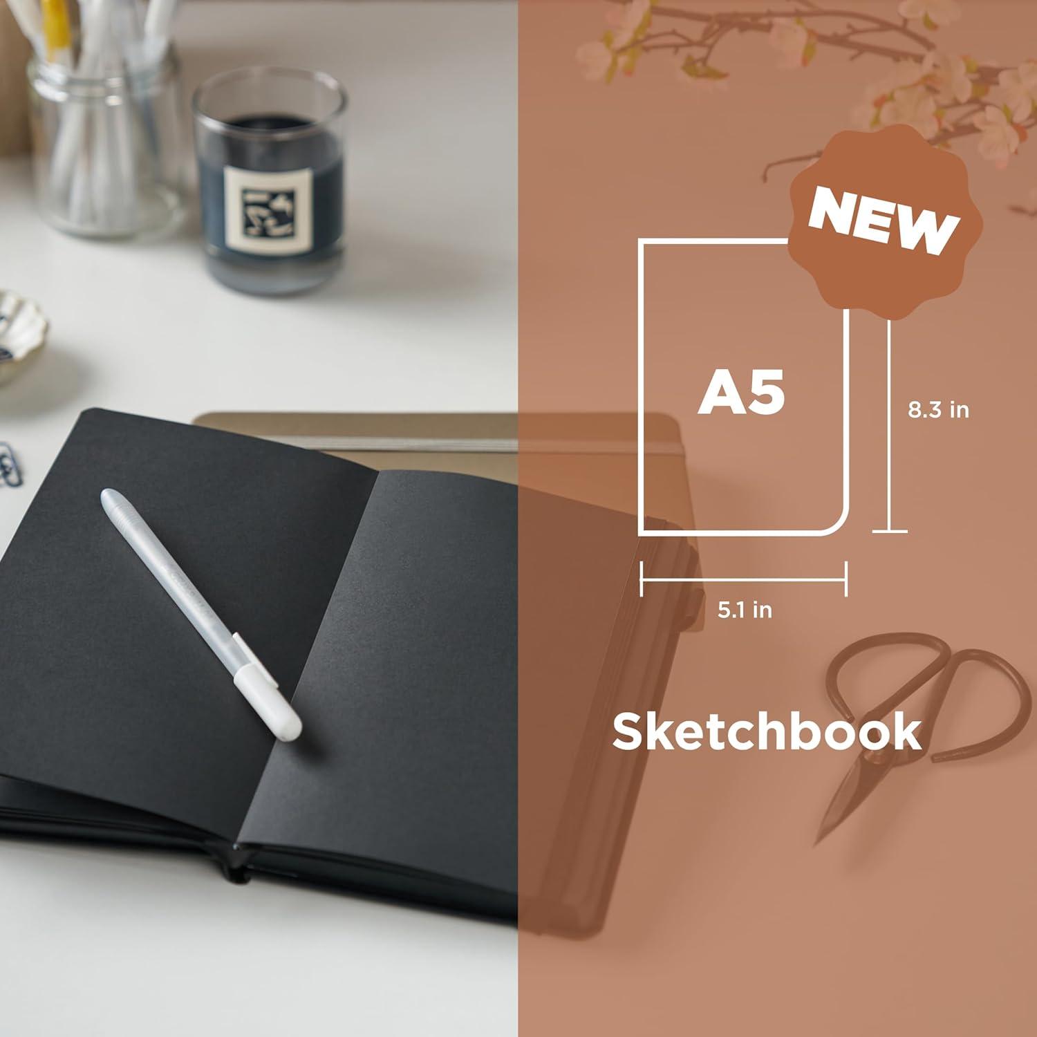 Sakura A5 Sketchbook & Gelly Roll White Bundle – Stationery Bundle for Sketching & Creative Contrast – A5 Sketchbook with 140 GSM Paper – Opaque White Ink Pens – Black Paper – 5.1 x 8.3″