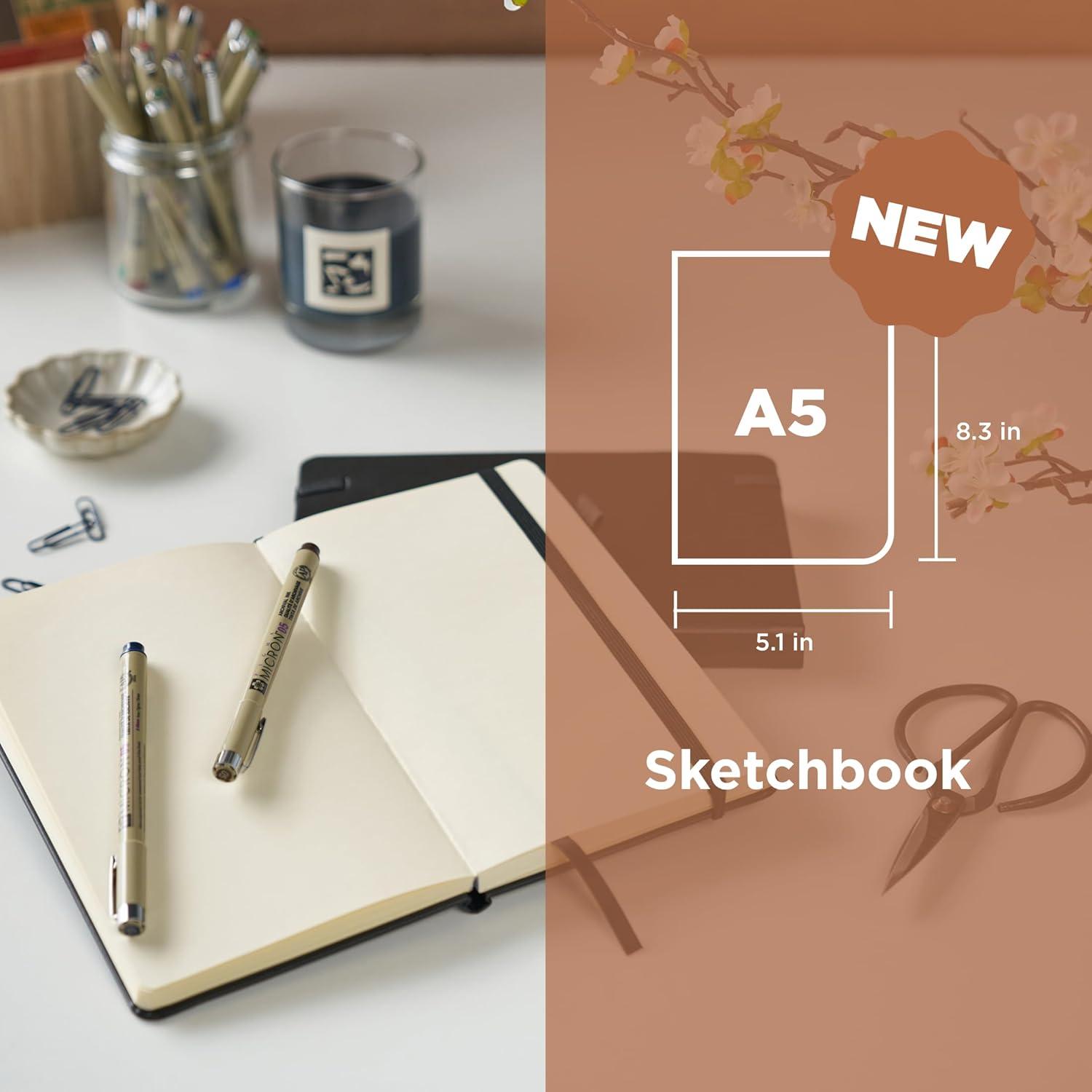 Sakura A5 Sketchbook & Pigma Micron Bundle – Japanese-Inspired Stationery Bundle for Illustration Work – A5 Sketchbook with 140 GSM Paper – Artist Gift Set – 3-Pack Fineliner Pen Set – 5.1 x 8.3″
