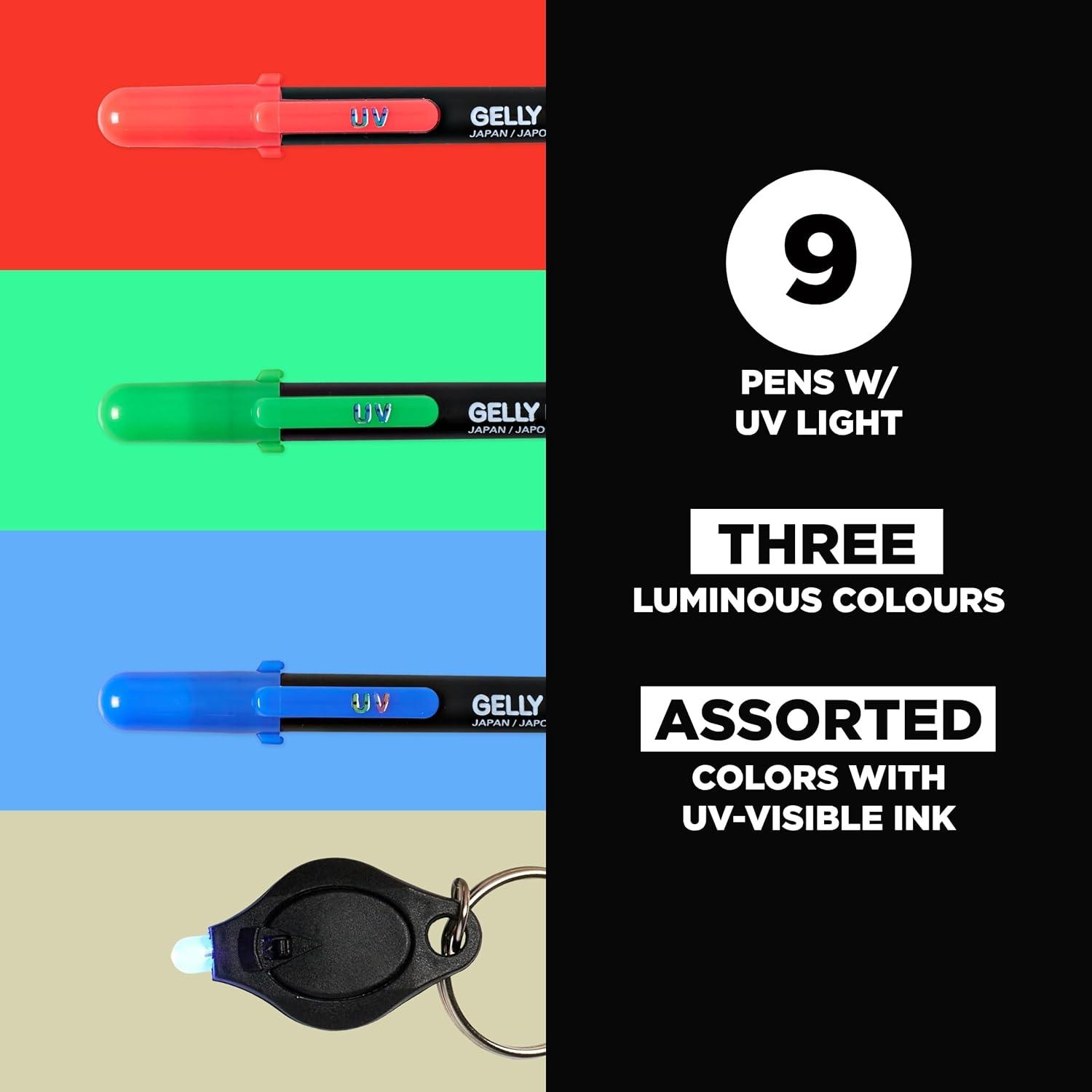 SAKURA Gelly Roll UV Pen – UV Gel Invisible Ink – With Keychain Flashlight – For Art or Drawing – Red, Green & Blue – 9 Pens, 3 Lights