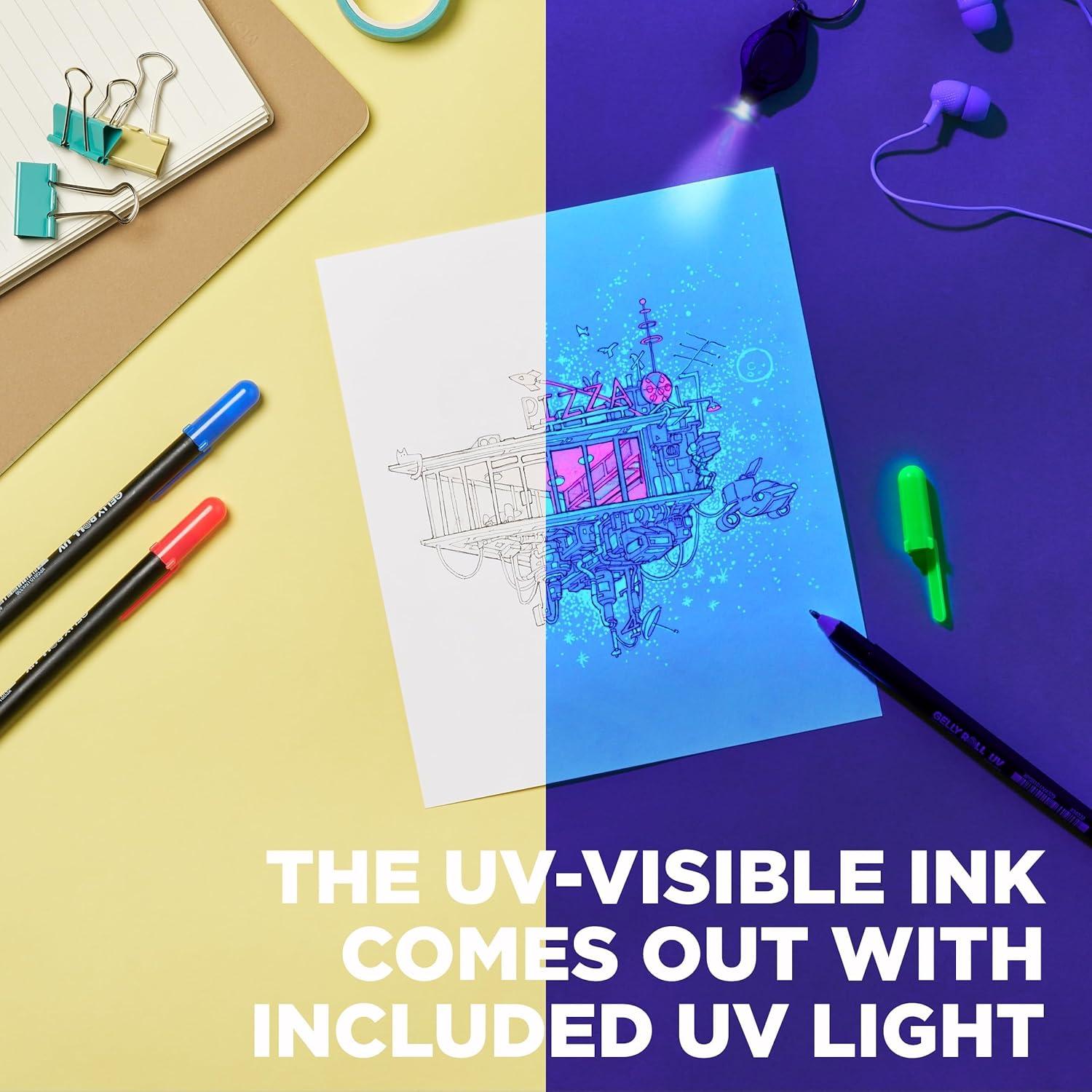SAKURA Gelly Roll UV Pen – UV Gel Invisible Ink – With Keychain Flashlight – For Art or Drawing – Red, Green & Blue – 9 Pens, 3 Lights - view 2