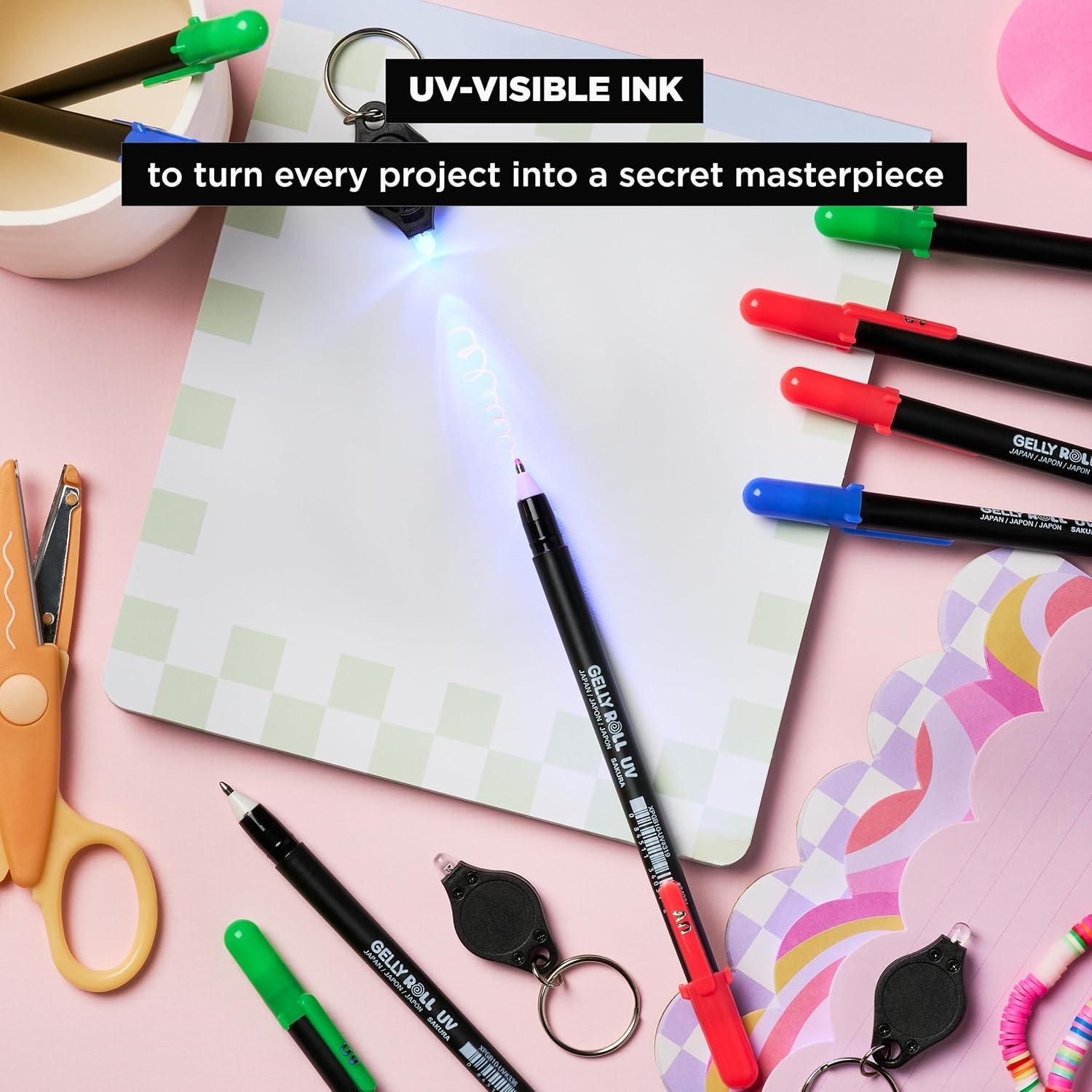 SAKURA Gelly Roll UV Pen – UV Gel Invisible Ink – With Keychain Flashlight – For Art or Drawing – Red, Green & Blue – 9 Pens, 3 Lights - view 3