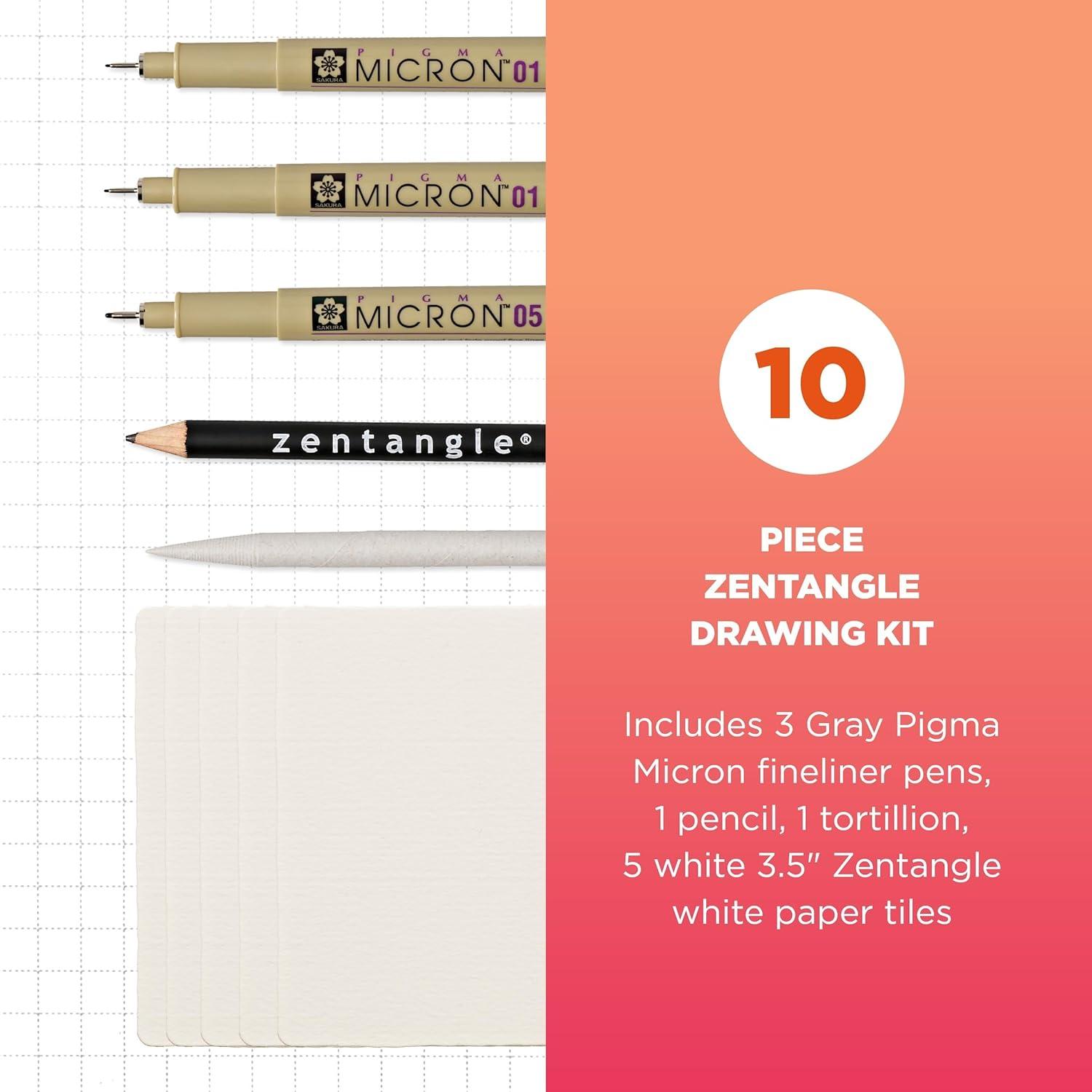 Sakura Zentangle Tool Set – 1 Black Pigma Micron Pens, 2 Gray Micron Pens, 1 Black Graphite Pencil, 1 Tortillion, 5 3.5″ White Paper Tiles – White Zentangle Tiles – 10 Piece Set