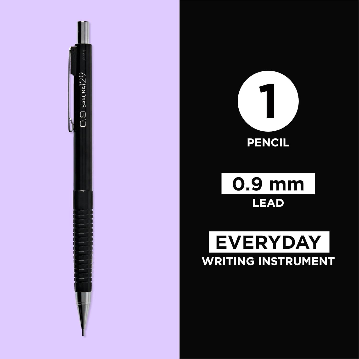 SAKURA 50297 Mechanical Pencil Fixed Sleeve 0.5-mm with 3 Erasers, Black(0.9mm Pencil)