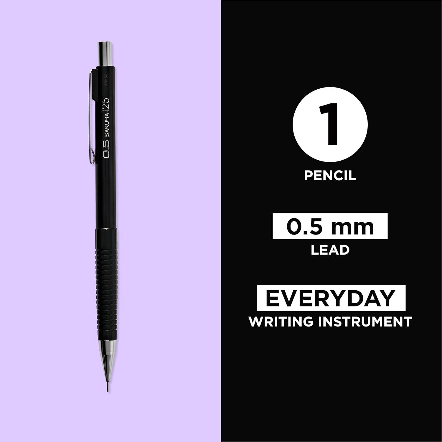 SAKURA 50297 Mechanical Pencil Fixed Sleeve 0.5-mm with 3 Erasers, Black(0.5mm Pencil)
